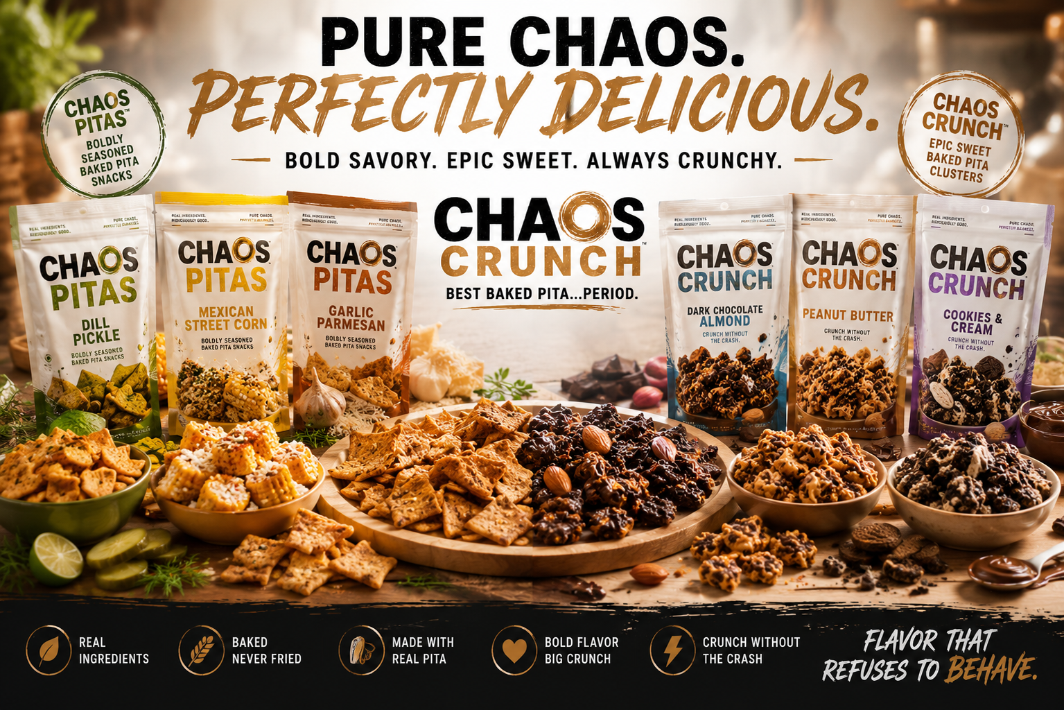 Chaos Pitas and Chaos Crunch full lineup — Pure Chaos. Perfectly Delicious.